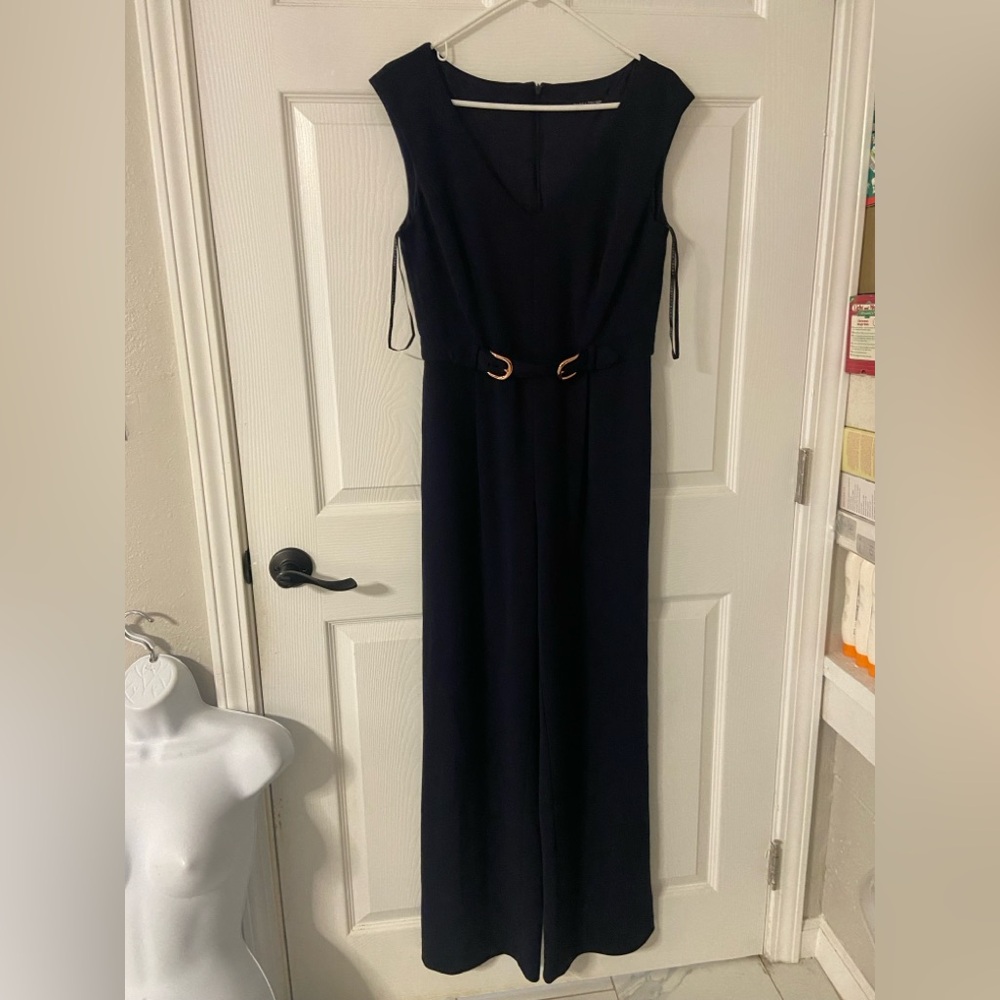 T34- IVANKA TRUMP Navy Knit BELTED Sleeveless Jumpsuit